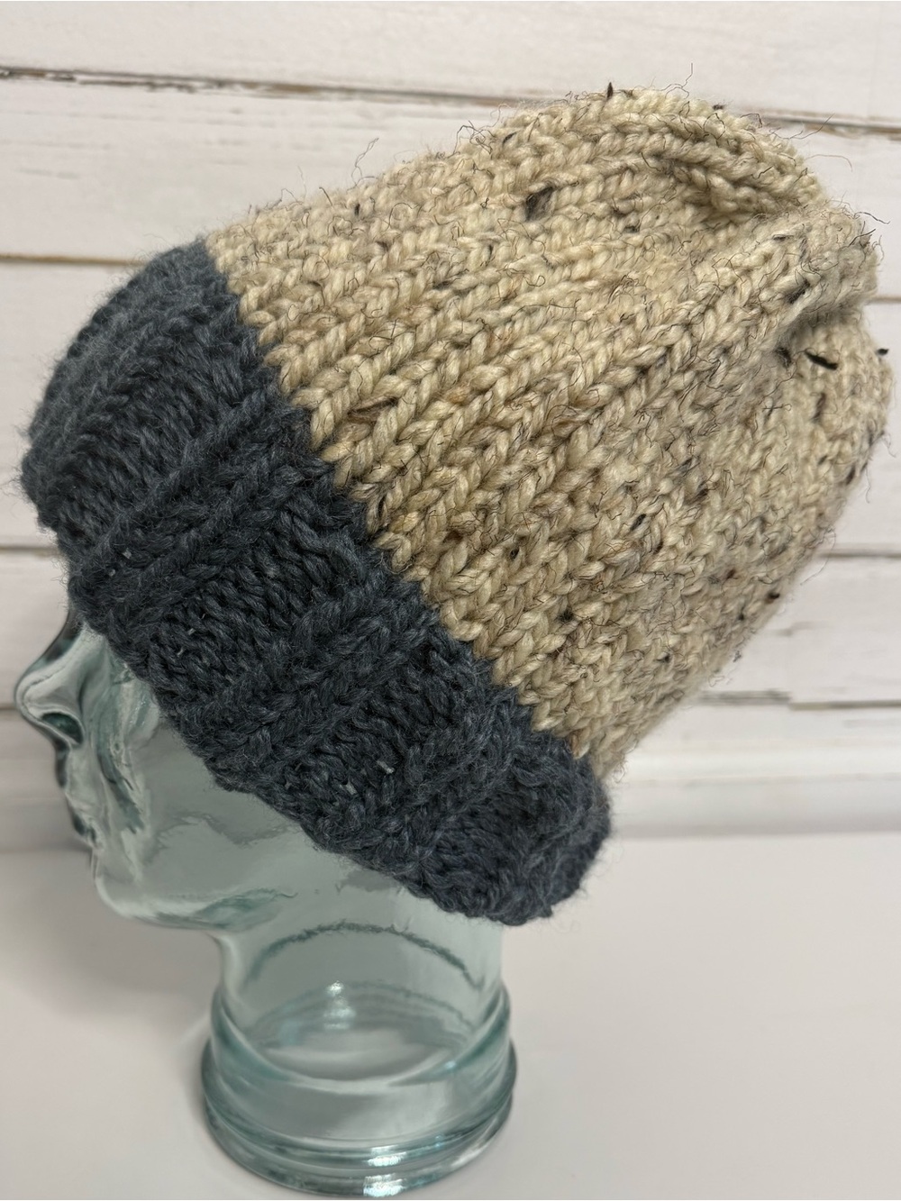 Handmade Oatmeal & Dark Blue Flecked Chunky Knit Beanie | Hand Knit Winter Hat